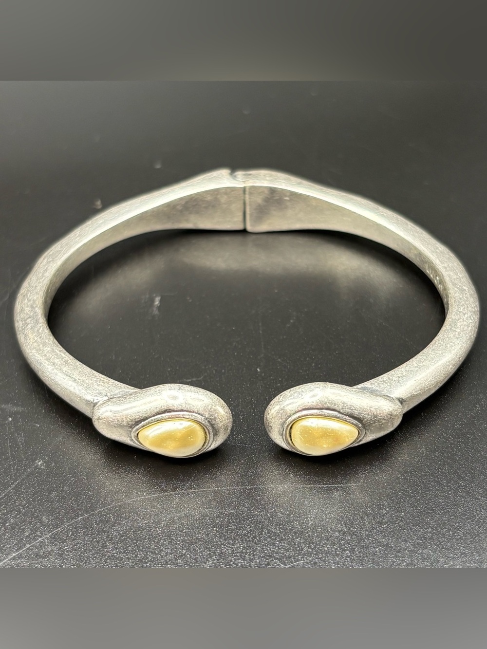 Lucky Brand Silver Tone Faux Pearl Teardrop Hinged Bypass Cuff Bangle Bracelet